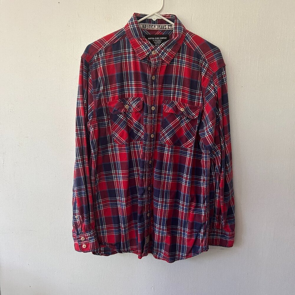 Nautica Flannel Shirt Mens Medium Red Plaid Farmer Cowboy Classic Lumberjack